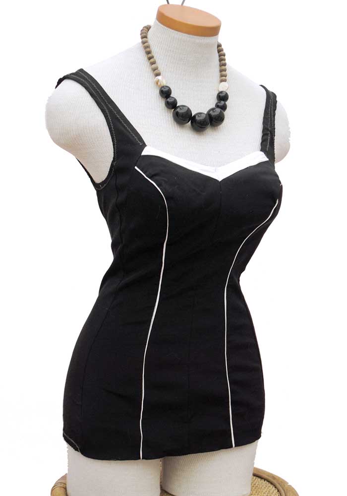 Vintage 50s Black Structured Skirted Swimsuit • Zipper Fastening