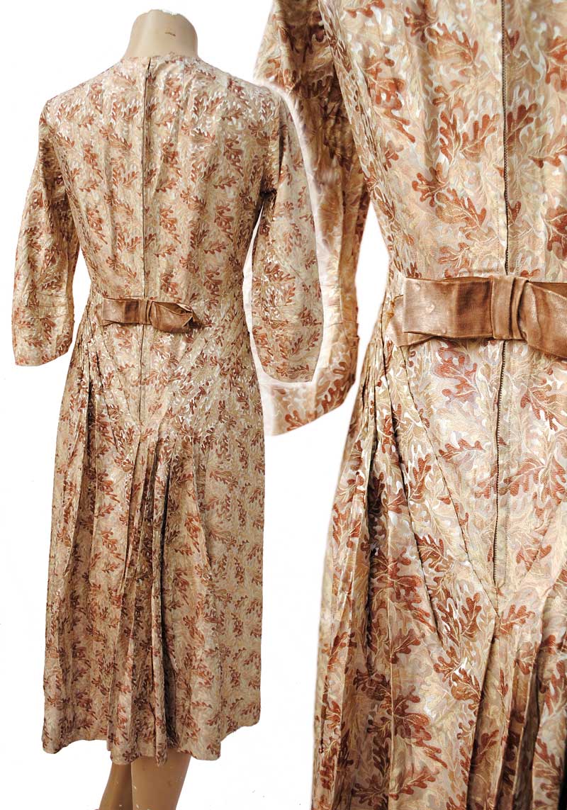 1940s Vintage Beige Silk Brocade Cocktail Dress with Oak Leaf Design