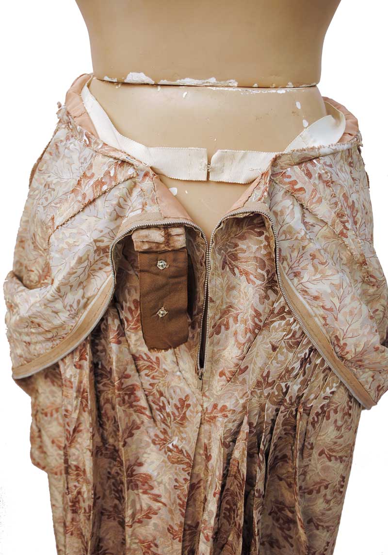 1940s Vintage Beige Silk Brocade Cocktail Dress with Oak Leaf Design