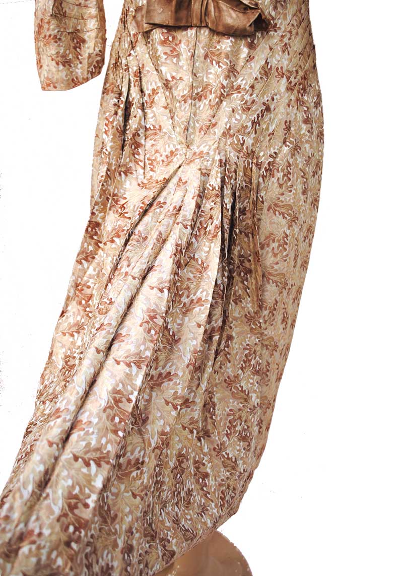 1940s Vintage Beige Silk Brocade Cocktail Dress with Oak Leaf Design