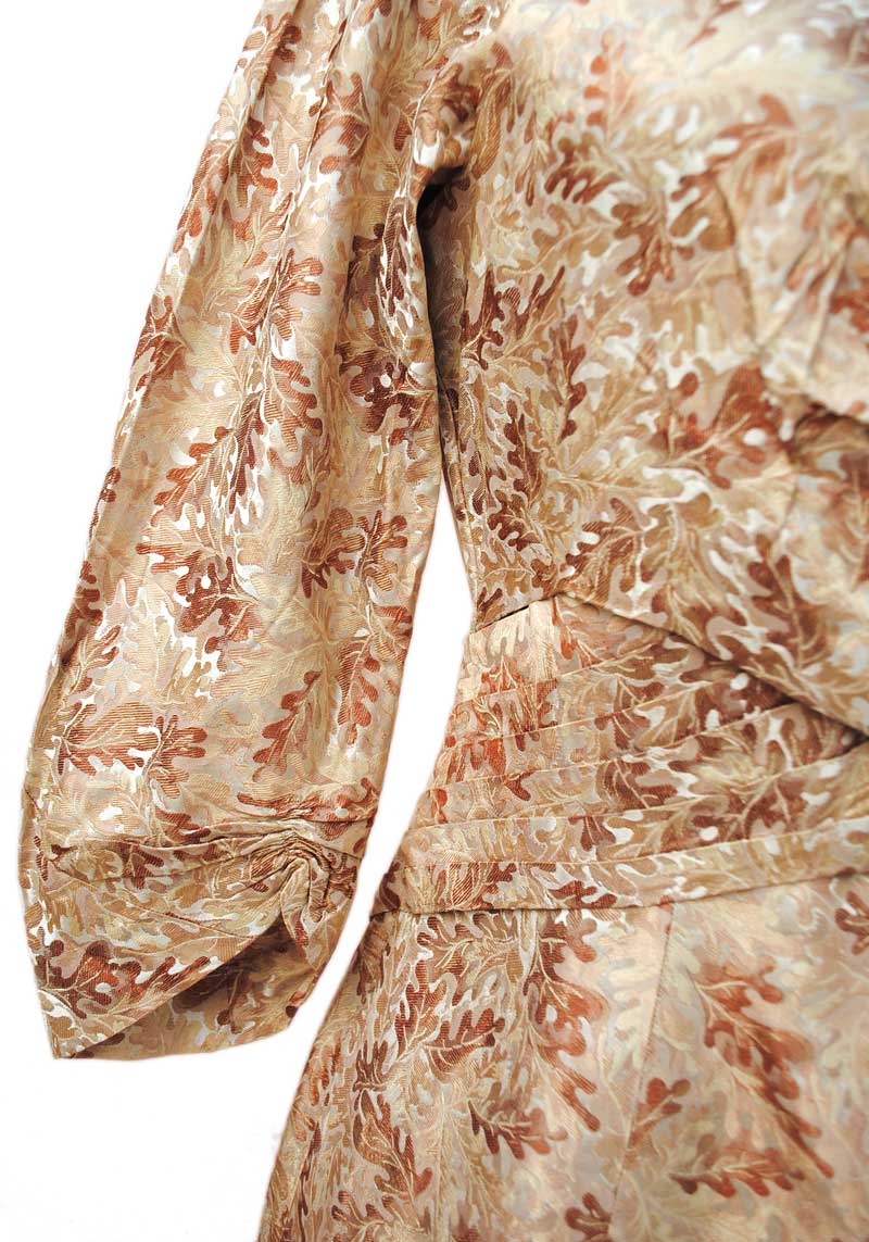 1940s Vintage Beige Silk Brocade Cocktail Dress with Oak Leaf Design