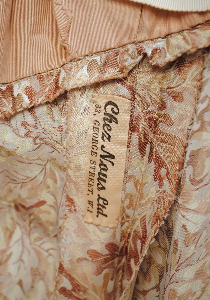 1940s Vintage Beige Silk Brocade Cocktail Dress with Oak Leaf Design
