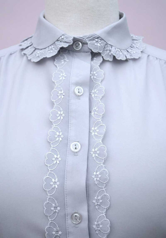 1970s Grey Long Sleeve Frilly Blouse • Secretary