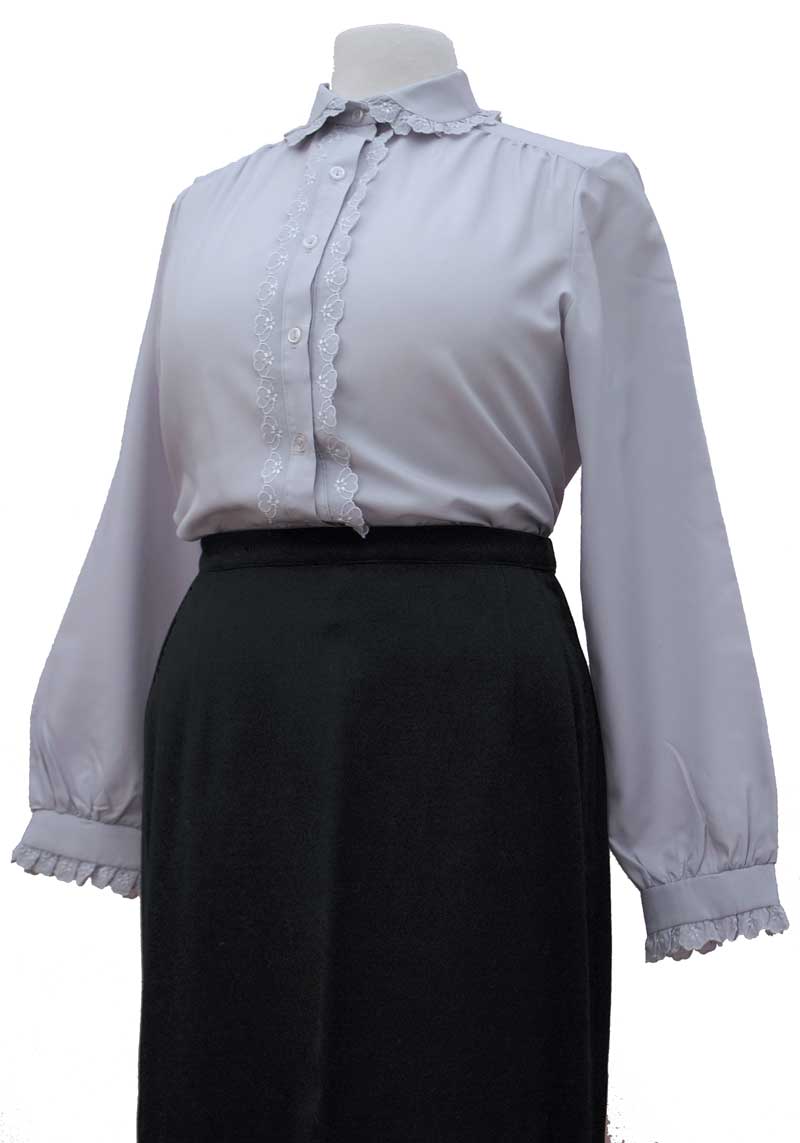 grey 70s officewear long sleeve blouse with frilly ruffle front