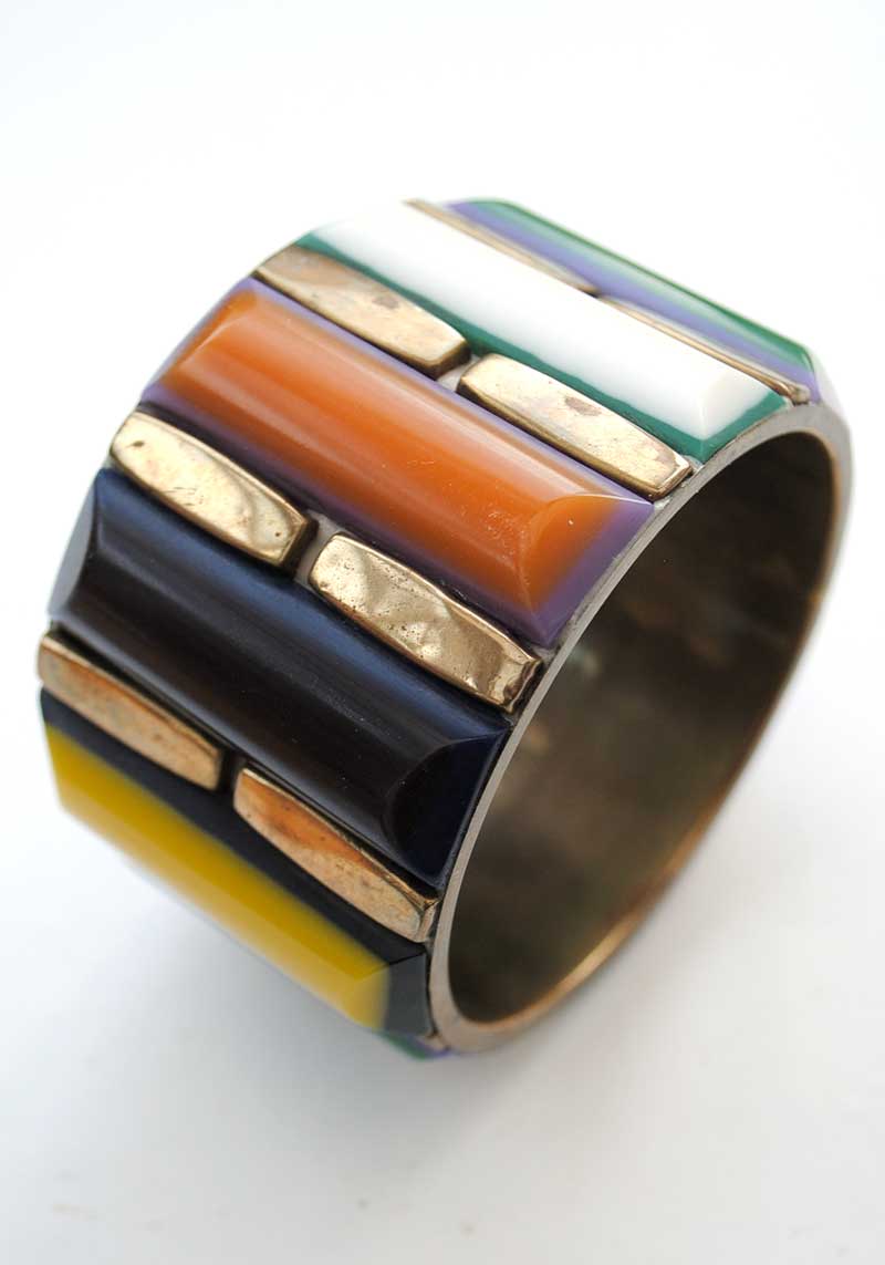 Large Chunky Brass with Multicoloured Resin Laminate  Bangle