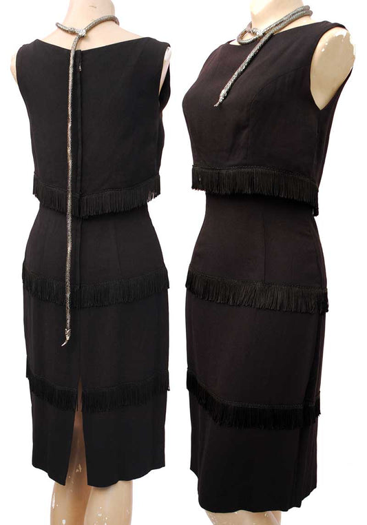1960s Vintage Black Fringed Wiggle Dress