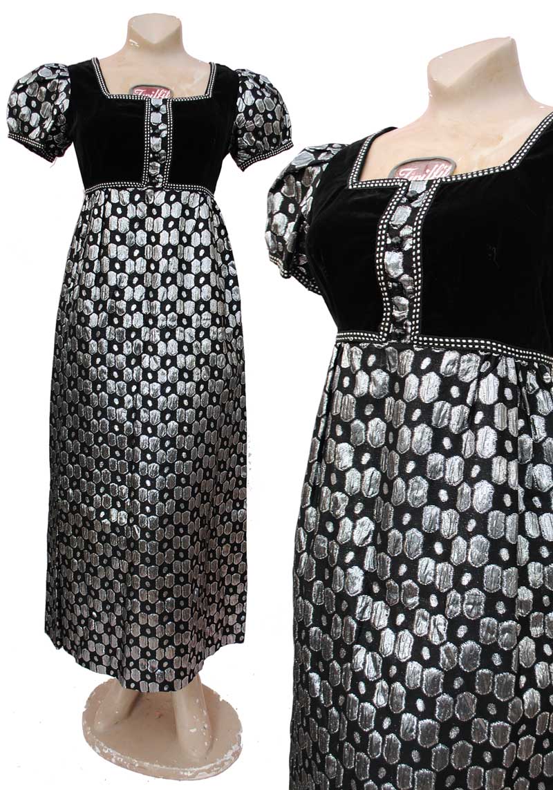 vintage 60s black and silver maxi dress, empire line puffed sleeves, silver textured lame fabric.