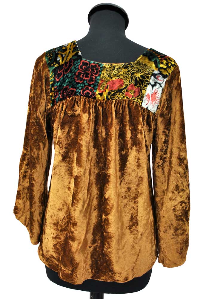 Vintage 60's Caramel Panne Crushed Velvet Smock Top • Boho