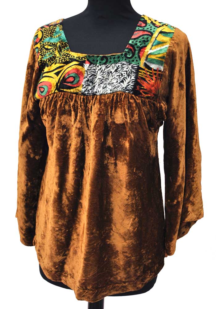 Vintage 60's Caramel Panne Crushed Velvet Smock Top • Boho