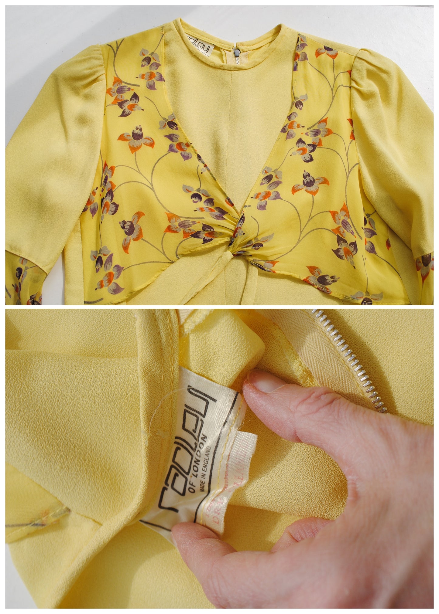 1960s Ossie style Radley Mini Dress in Yellow Crepe with Belladonna Print Sleeves
