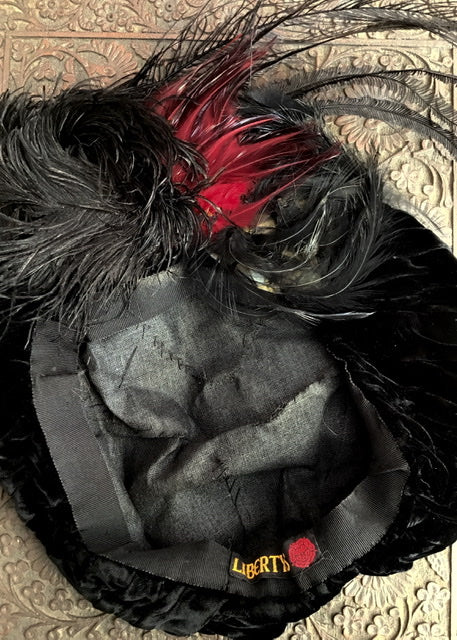 Antique Edwardian Libertys Black Velvet Feather Halo Hat Beret
