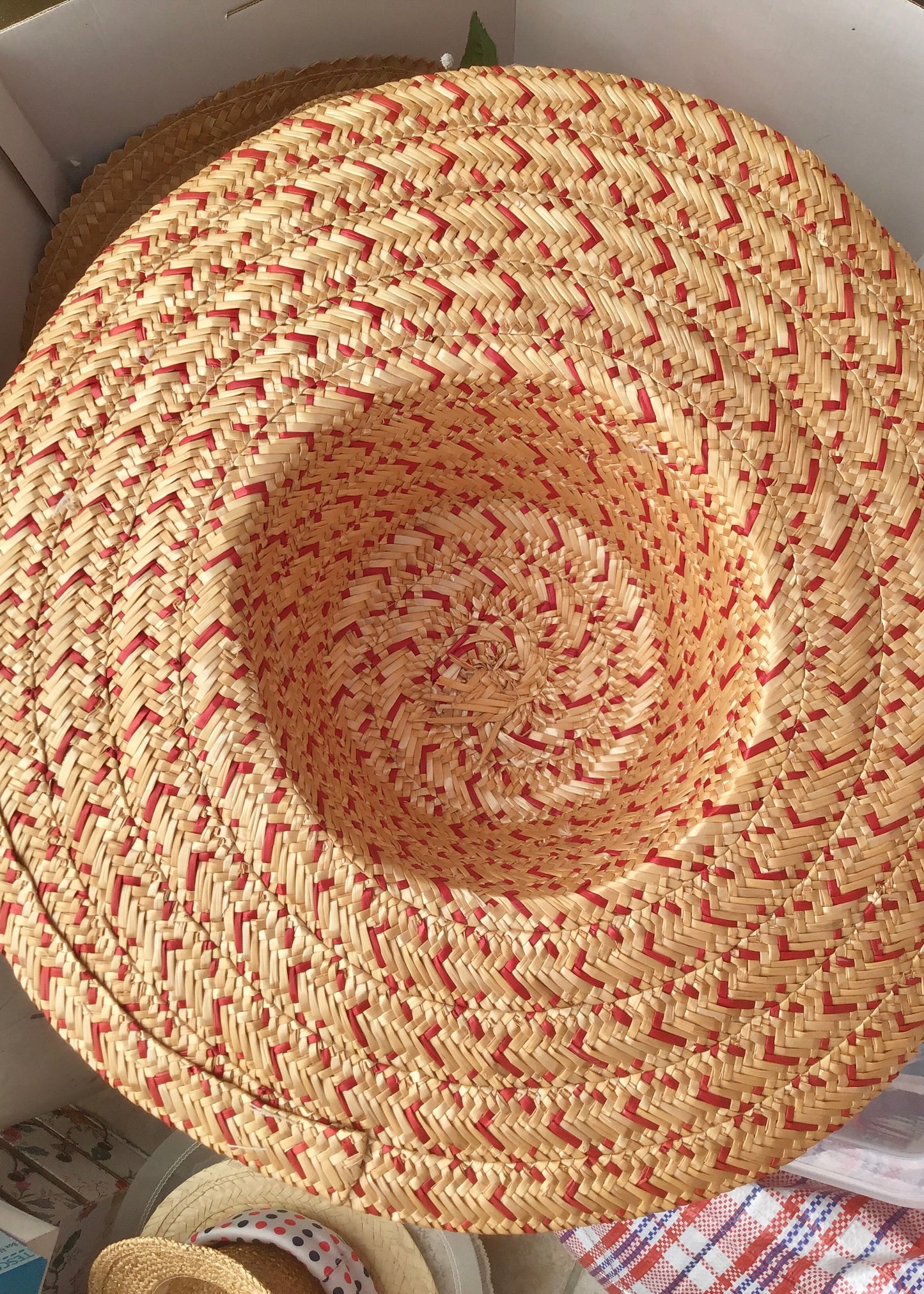 Vintage Wide Brim Woven Red & Natural Straw Hat • Sun Hat