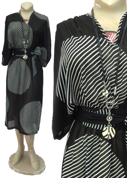 vintage monochrome frank usher dress in sheer fabric with underslip and matching scarf belt