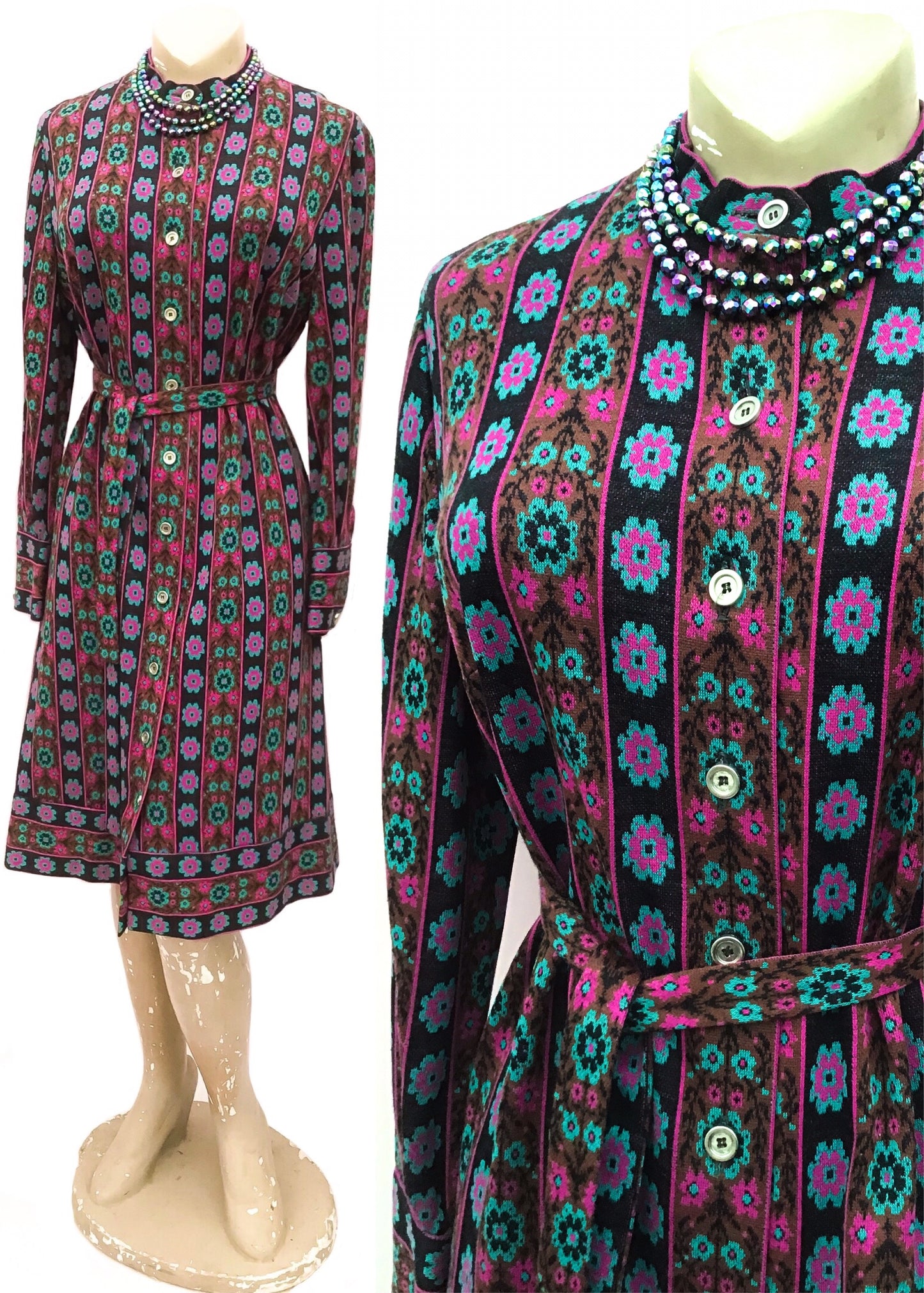 Fab 70s courtelle knit dress, button down front with a pinky, red and black floral striped print, belt tie waist and long sleeves. Perfect vintage Autumn Day dress.