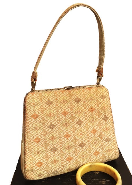 1940s Vintage Brocade Lamé Purse with Yellow Lining