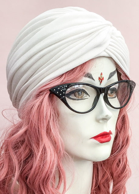 vintage white turban hat designed by gina davies for edward mann, the perfect loungewear glam hat for lockdown zoom meetings