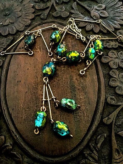 1900s Antique Nouveau Foiled Peacock Art Glass Lavaliere Necklace