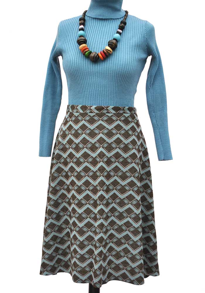 1970s vintage airforce blue and brown knee length skirt