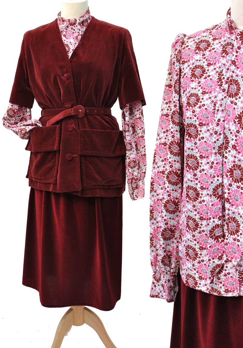 vintage hand made burgundy velvet safari jacket with matching pink floral blouse