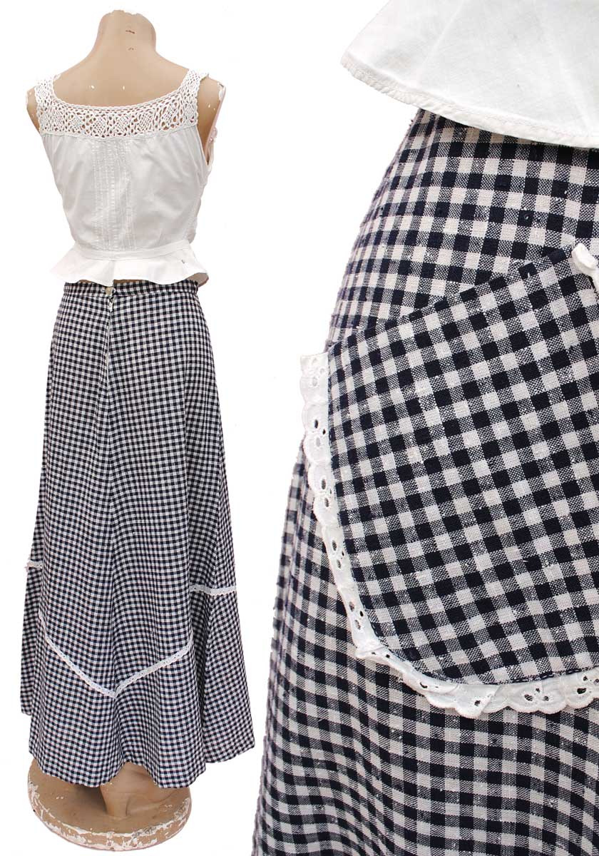 1970s Vintage Blue Gingham Maxi Skirt with Pocket and Lace Trim