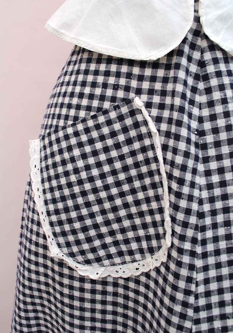 1970s Vintage Blue Gingham Maxi Skirt with Pocket and Lace Trim