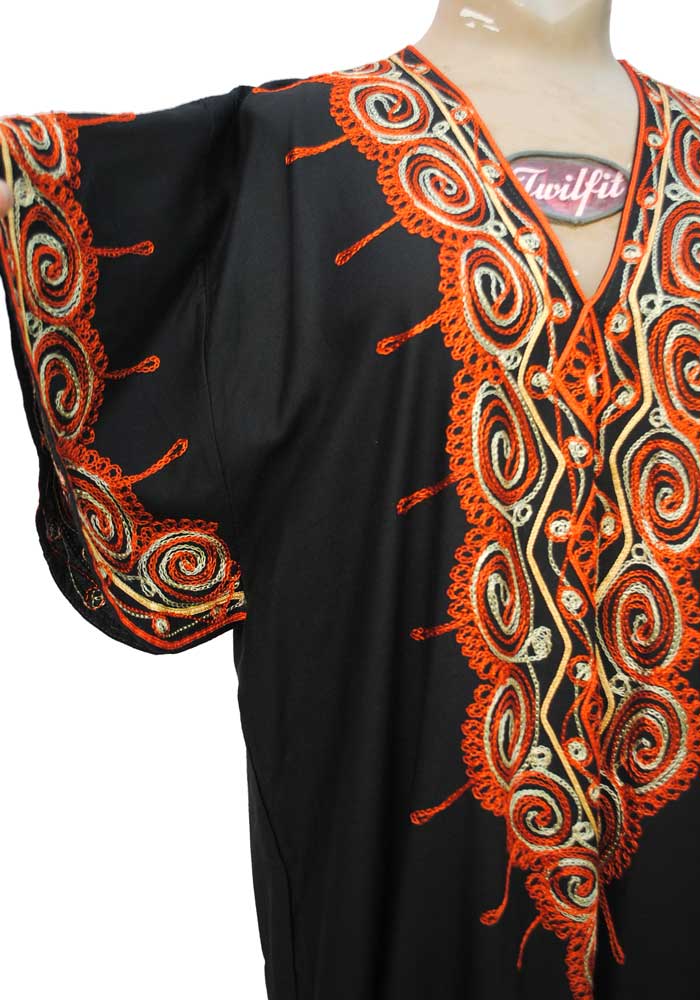 1970s Vintage Black & Orange Crewel Embroidered Kaftan Dress