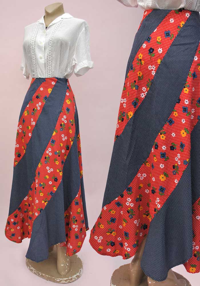1970s Vintage Red and Blue Patchwork Floral Maxi Skirt • Scalloped