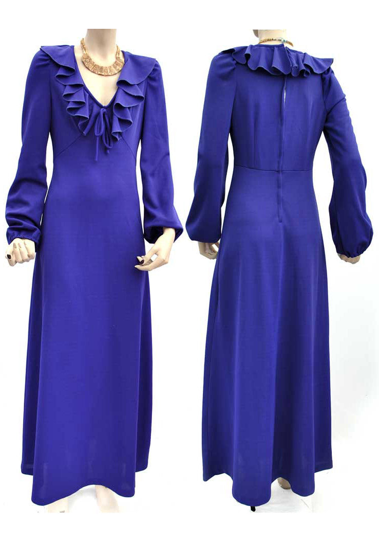 vintage 70s ozzie style plunging neck maxi dress, violet purple with balloon sleeves