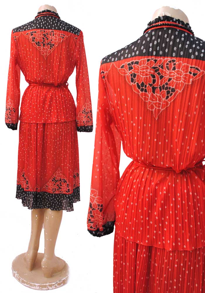 sheer skirt set to fit 38 bust in red and black, pleated skirt with long sleeve cossack style blouse