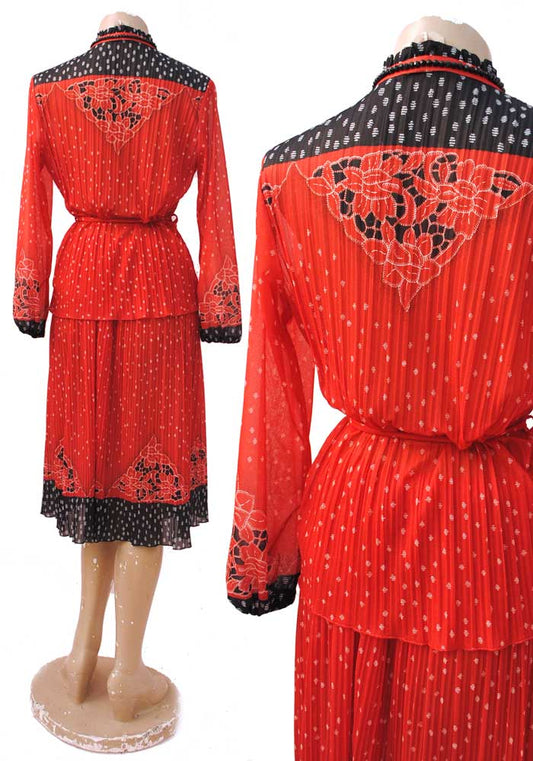sheer skirt set to fit 38 bust in red and black, pleated skirt with long sleeve cossack style blouse