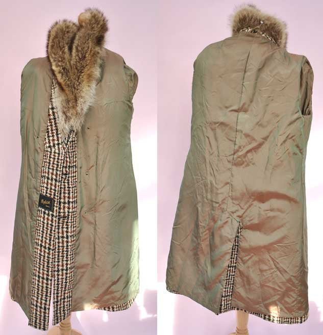 1960s Vintage Tweed Check Double Breasted Coat with Fox Trim Collar