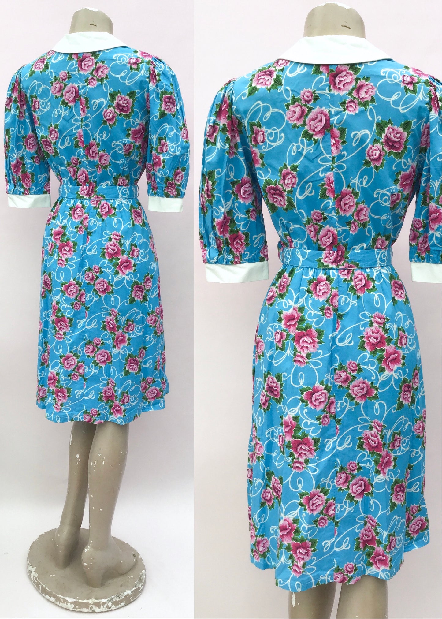 1980s Vintage Turquoise & Pink Carnation Cotton Print Summer Dress with Belt