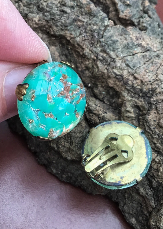 1930s Jade Green Gold Foil Glass Dome Clip On Earrings