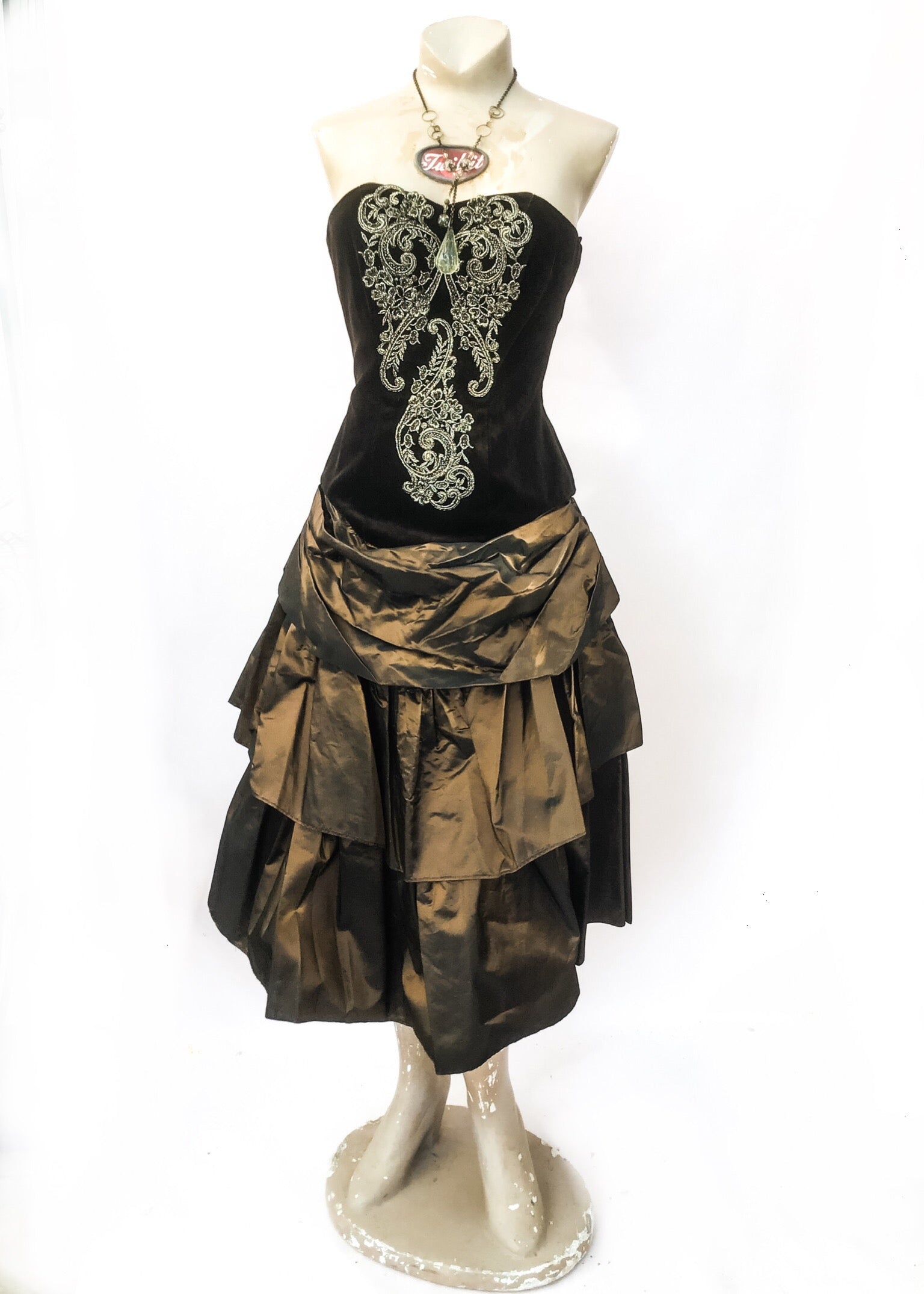 1990s Vintage Bronze Taffeta & Gold Steampunk Strapless Cocktail Dress Top Notch Vintage 1990s Vintage Bronze Taffeta & Gold Steampunk Strapless Cocktail Dress Top Notch Vintage