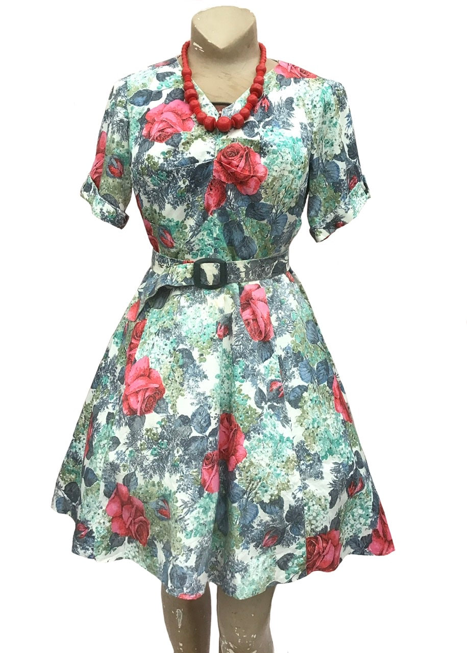 1950s Cotton Fit and Flare Floral Summer Dress