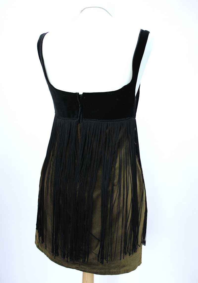 1980s Vintage Green & Black Velvet Fringed Mini Dress • 60s Style Go Go