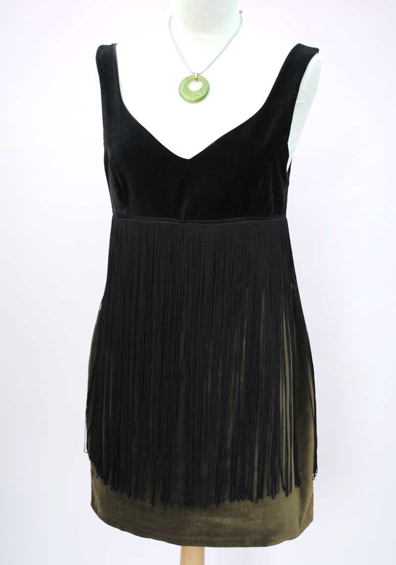 1980s Vintage Green & Black Velvet Fringed Mini Dress • 60s Style Go Go