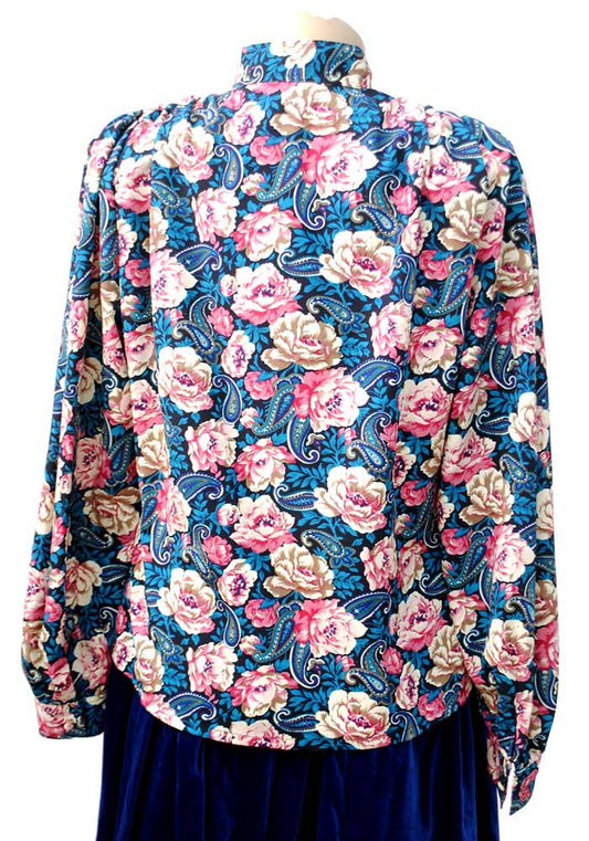 1980s Deadstock After Six Turquoise Floral Secretary Blouse • High Neck