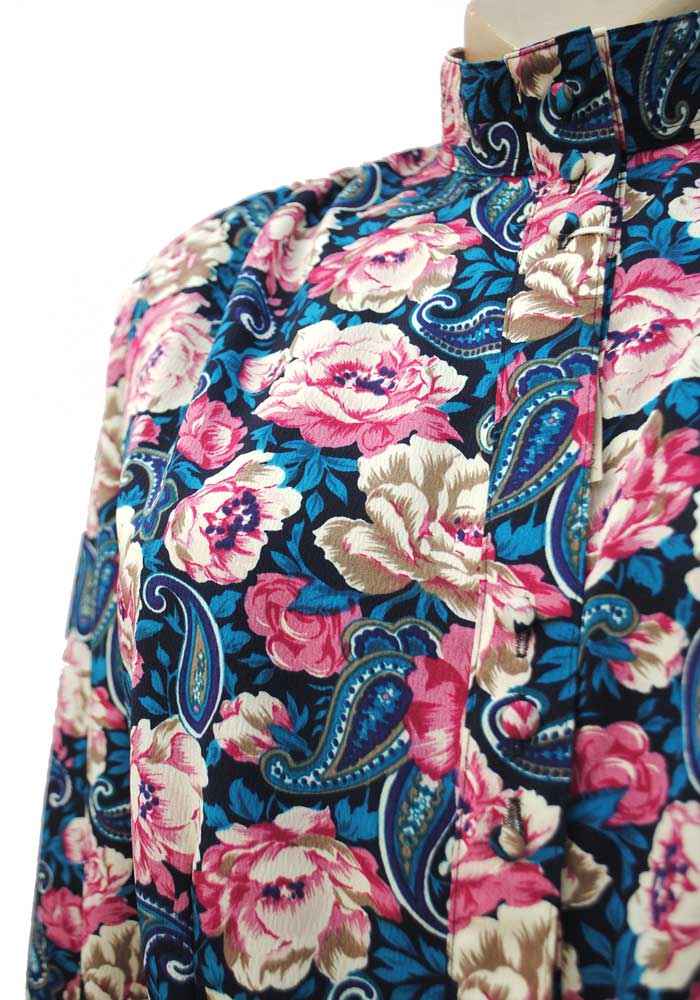 1980s Deadstock After Six Turquoise Floral Secretary Blouse • High Neck