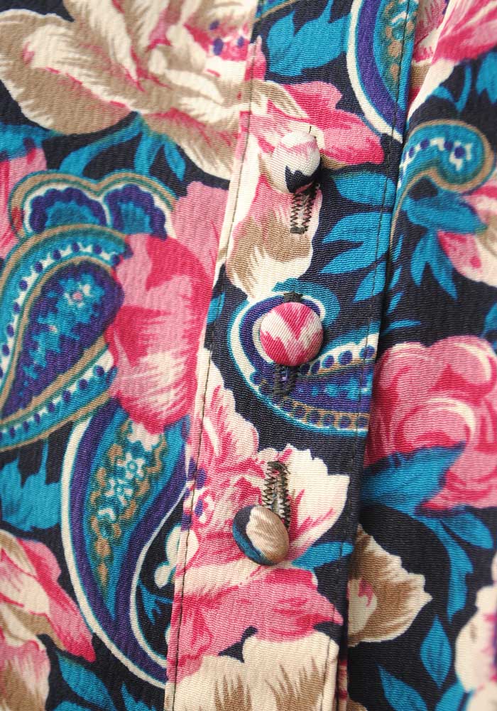 1980s Deadstock After Six Turquoise Floral Secretary Blouse • High Neck