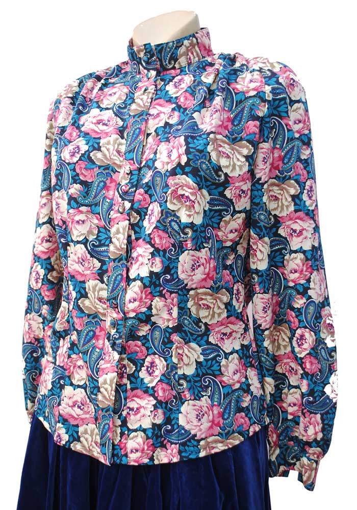 1980s turquoise and pink high collar blouse, unworn vintage by C&A