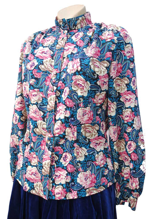 1980s turquoise and pink high collar blouse, unworn vintage by C&A
