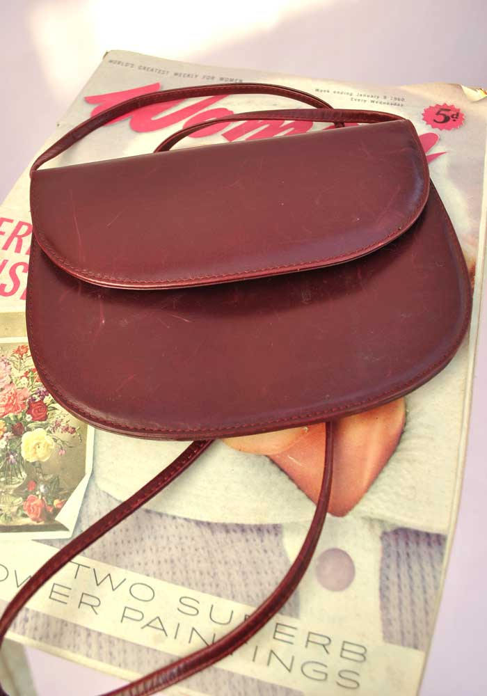1970s Vintage Burgundy Leather Shoulder Crossbody Bag • Clutch Purse