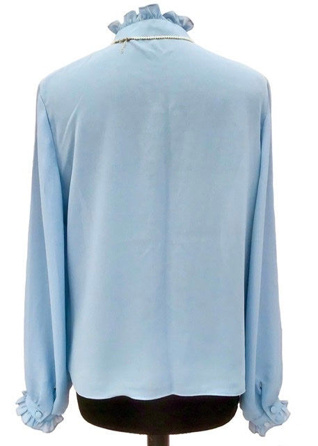 1980s Blue Ruffle Pie Crust Neck Secretary Blouse