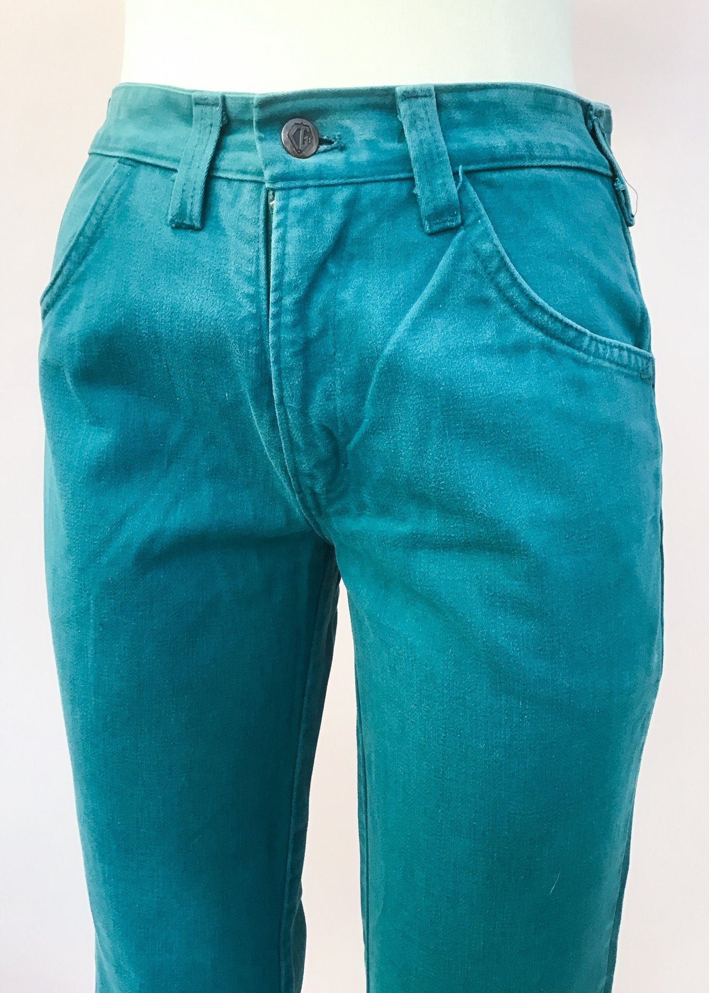 1970s Vintage Turquoise Elephant Bell Bottom Flared Jeans • HIgh Waist 28”W