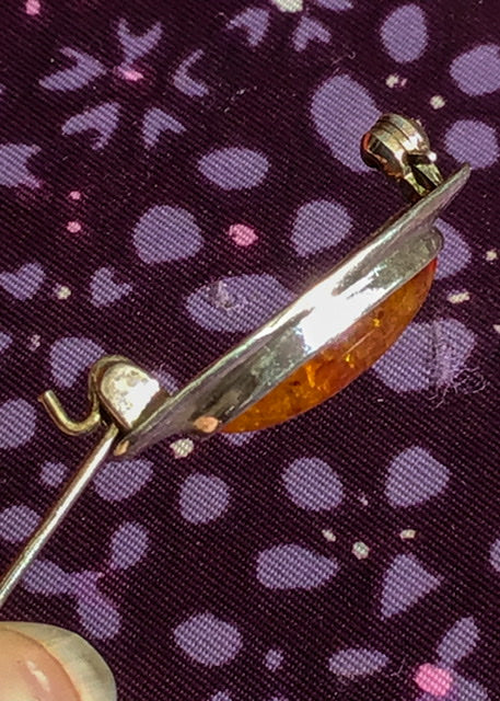 Vintage 925 Silver and Amber Almond Shaped Brooch