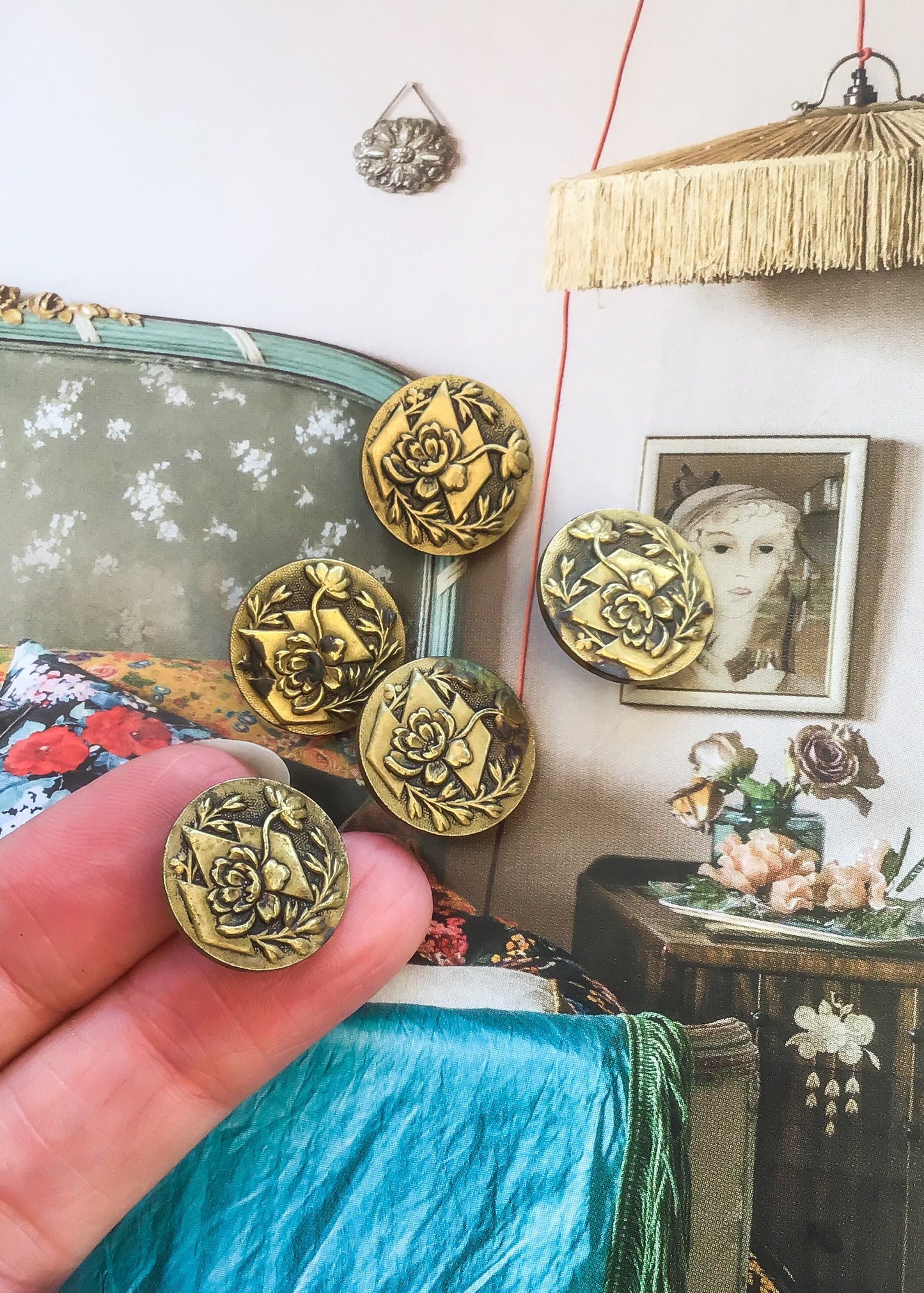 1800s Antique set of 5 French Nouveau Floral Brass Buttons • Solidaire Paris