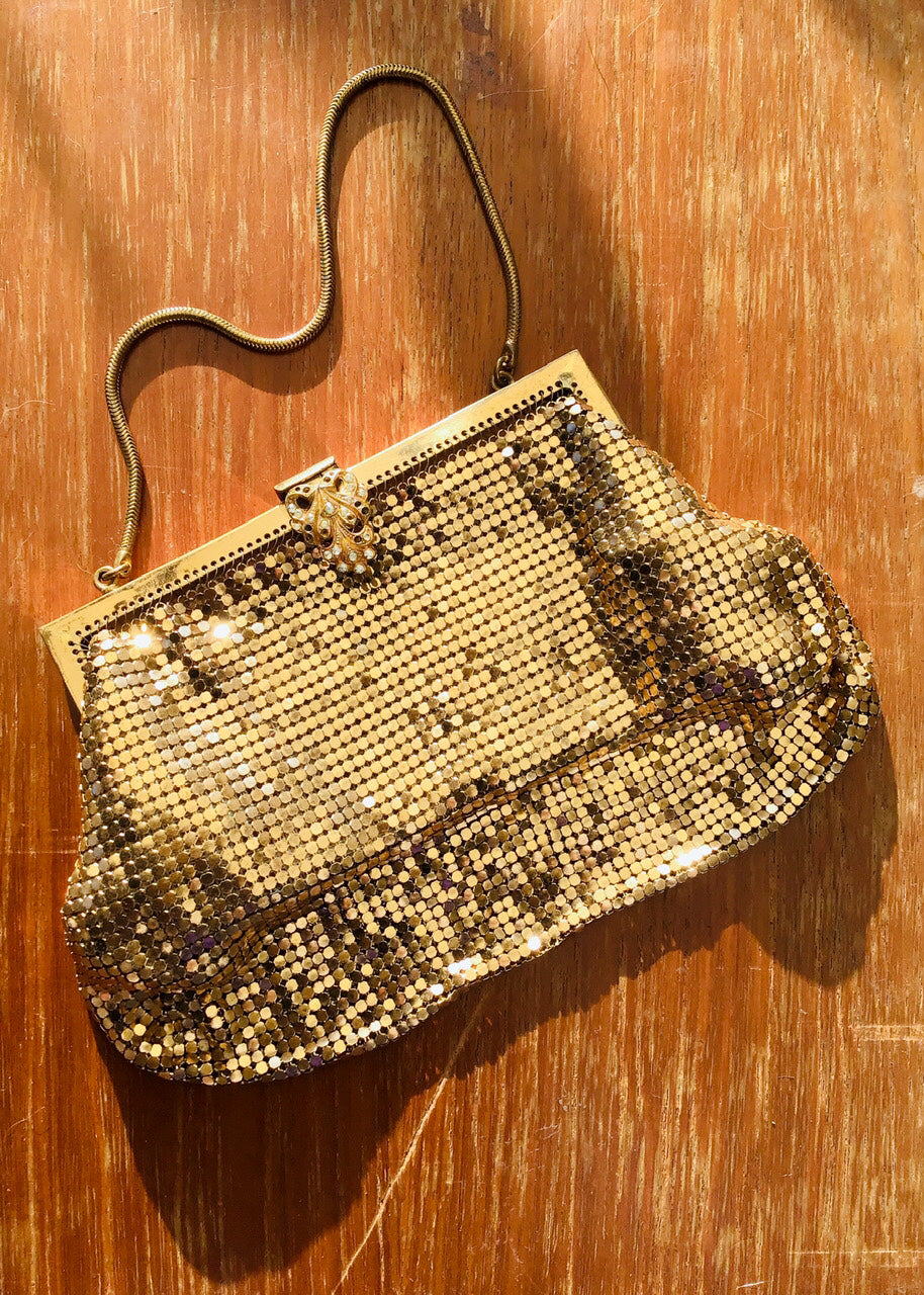 vintage gold metal chain link whiting davis evening purse with snake chain handle, gold rhinestone clasp closure