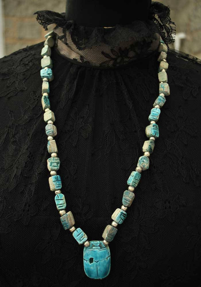 Egyptian Revival Turquoise Clay Scarab Beetle Necklace • Souvenir