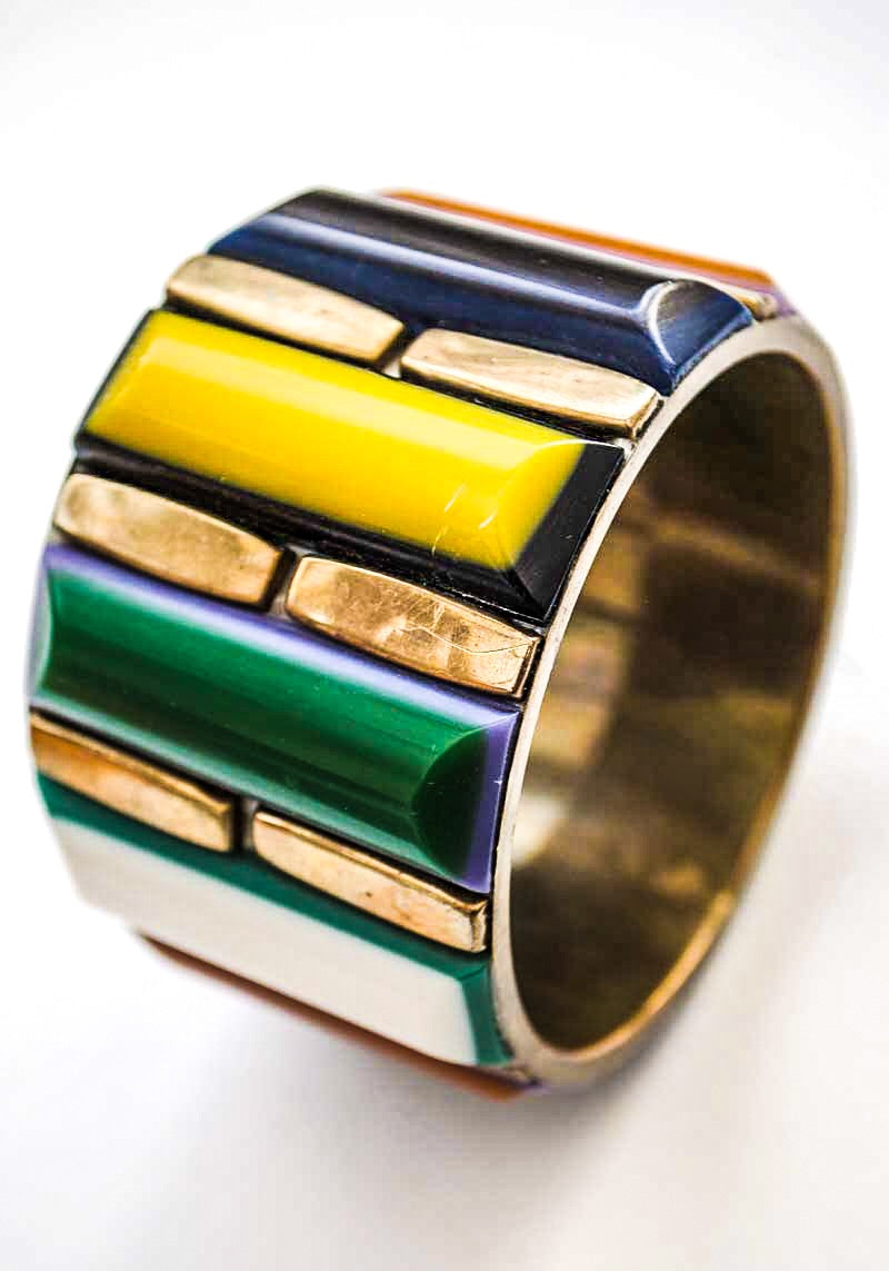 Large Chunky Brass with Multicoloured Resin Laminate Bangle